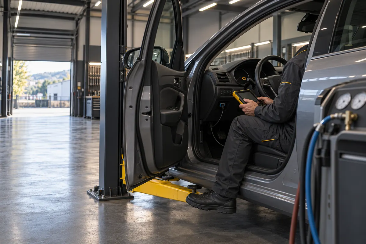 Mechaniker liest im Fahrersitz mit dem Diagnosegerät den Fehlerspeicher aus, daneben die Klimaservice-Station