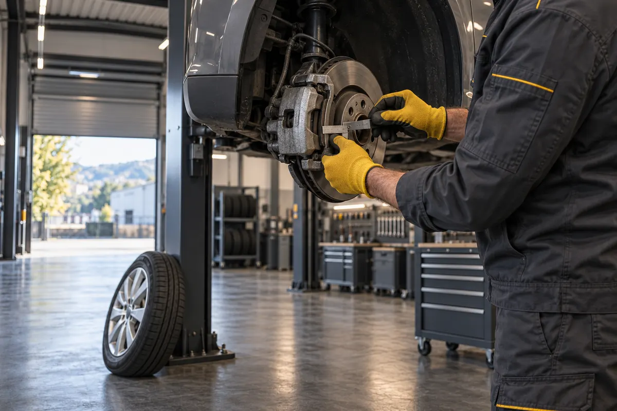Mechaniker prüft vor der Hauptuntersuchung Bremse und Reifen eines Autos auf der Hebebühne